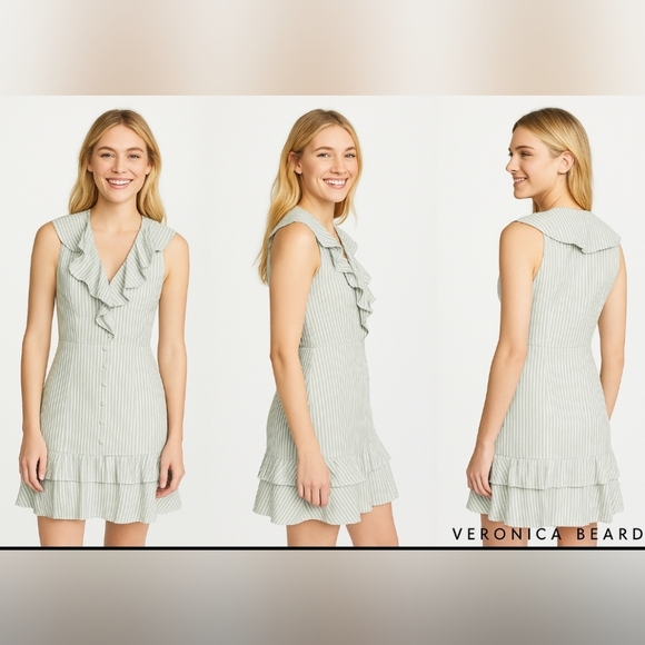 Veronica Beard Green Stripe Ruffle ShirtDress Sz 4 Rare Boho Feminine